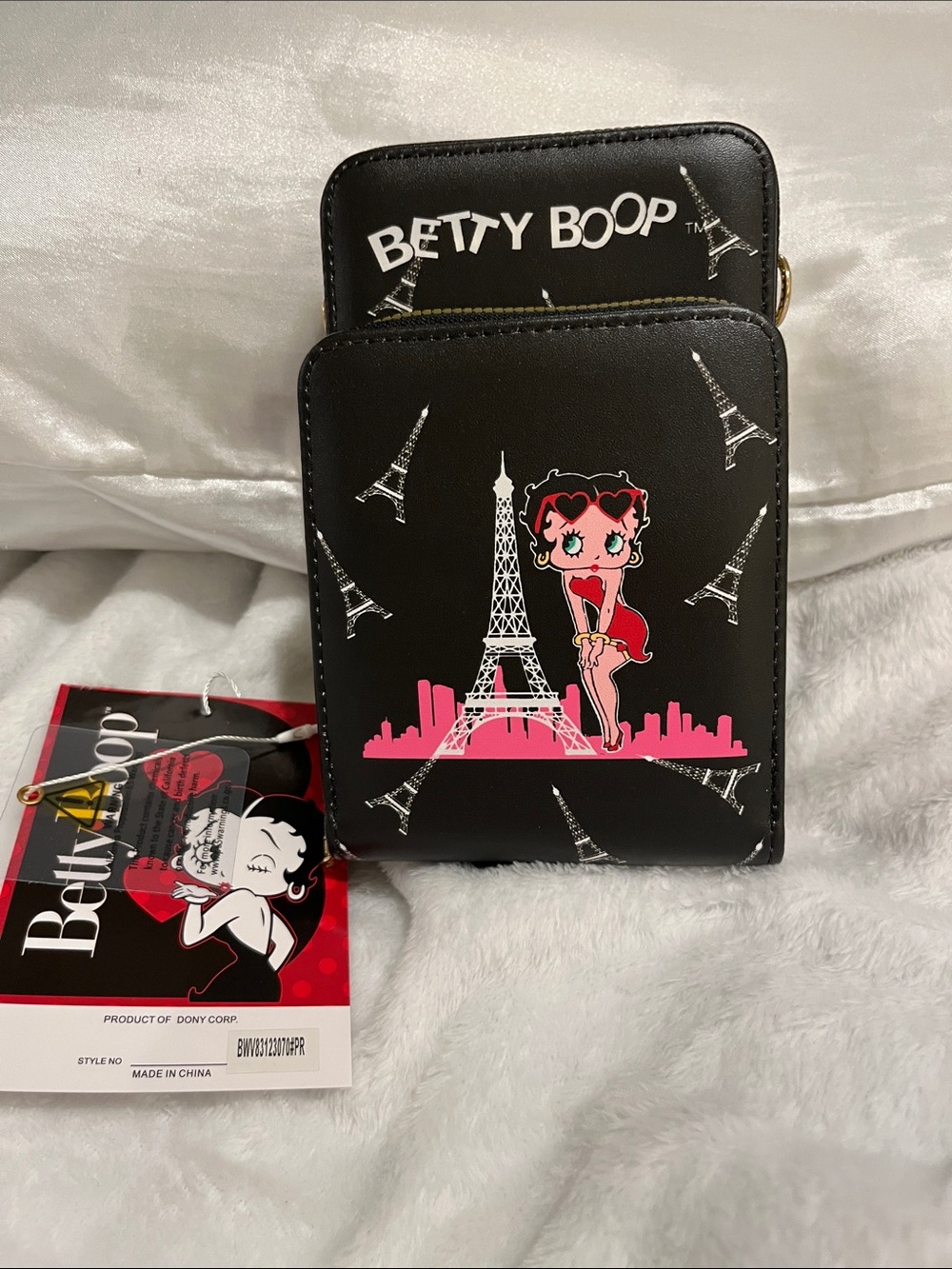 Betty Boop Black Phone Wallet Case with Pink Eiffel Tower Graphic